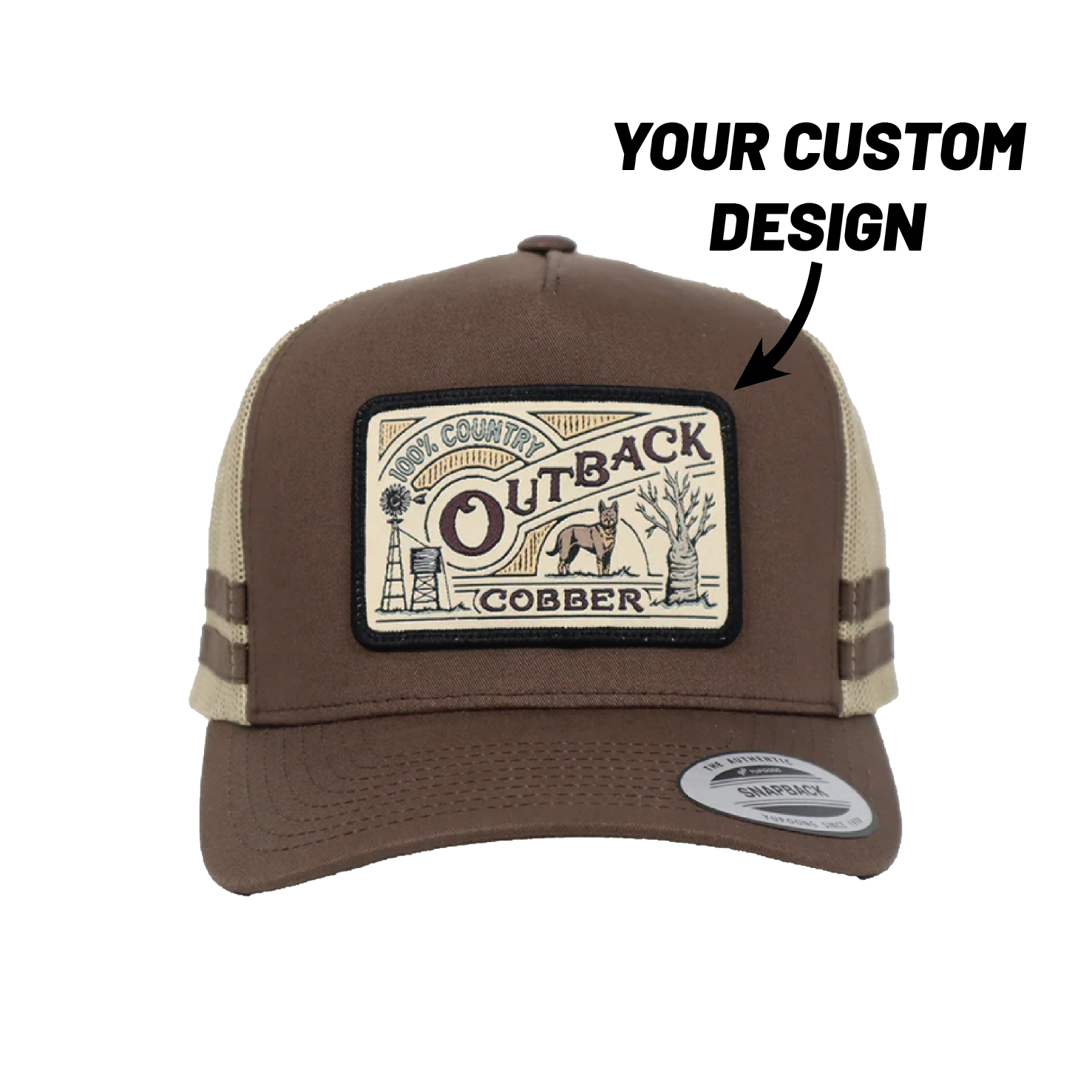 Brown and Khaki Stripe Cap with custom patch on the front panel