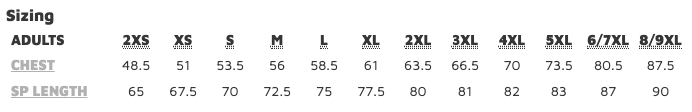 JB's Wear Custom Polo Size Chart