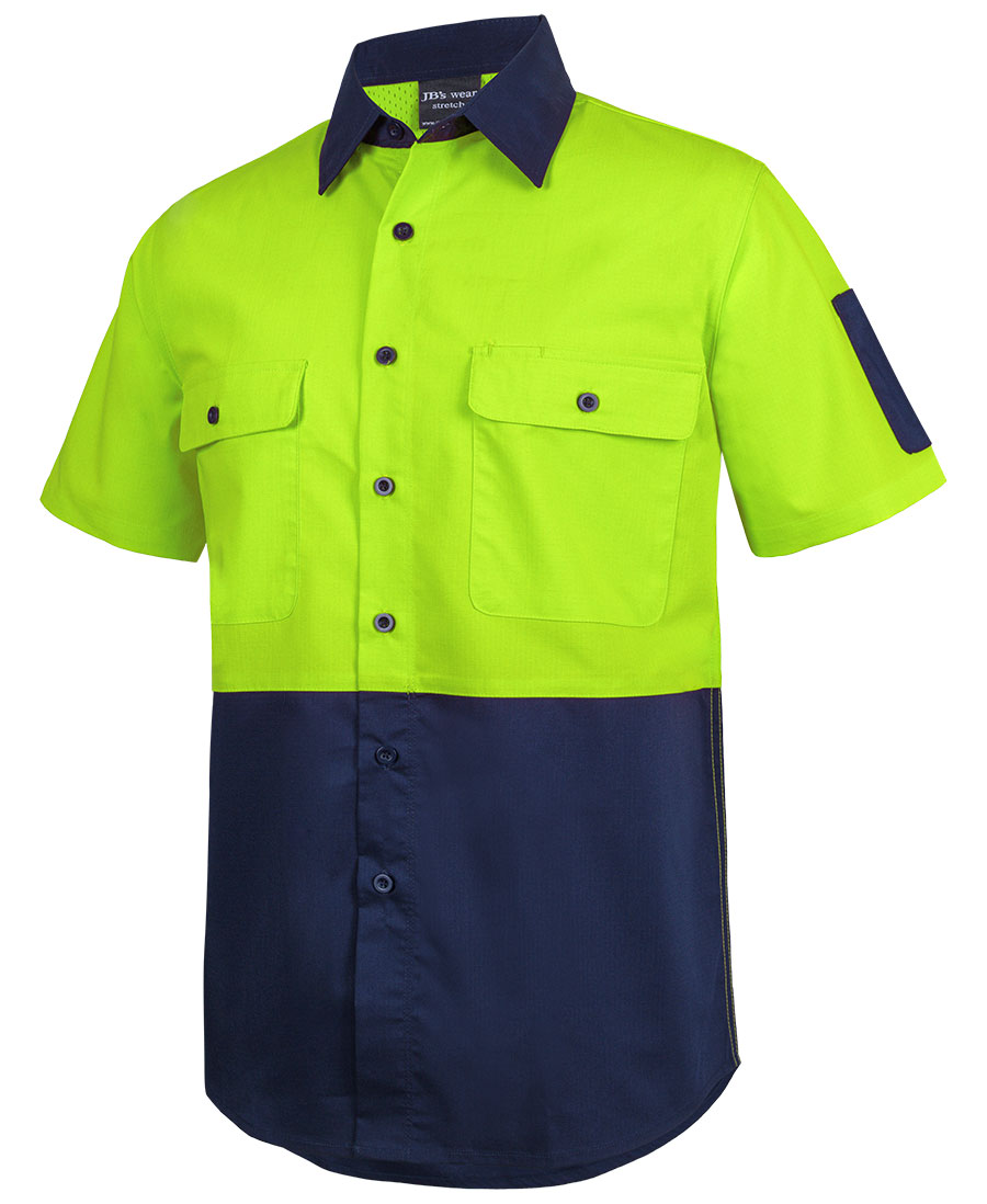JB's Wear Hi Vis Short Sleeve Work Shirt in Lime and Navy