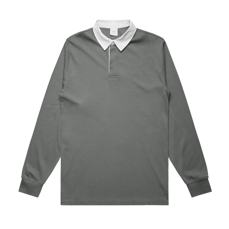 5410_RUGBY_JERSEY_SHADOW__61943 Gray long-sleeve polo shirt with a white collar and placket piece at the neck area.