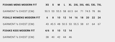 BIZ Action Polos Size Charts