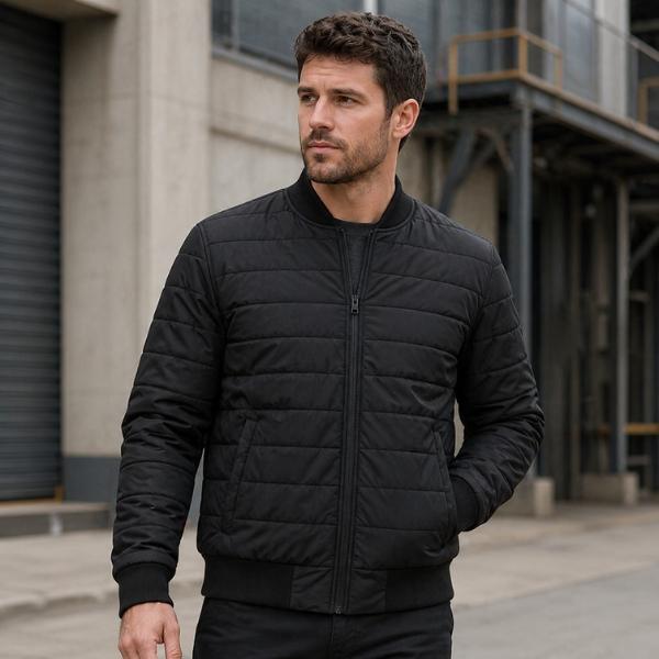 Man Wearing Bomber Jacket before Custom Jacket Logo Design