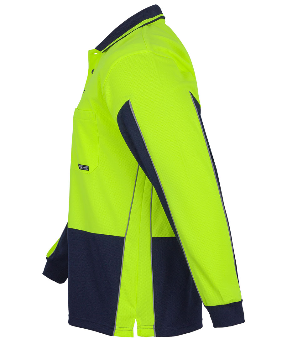 jbs-wear-ls-hivis-gap-polo-lime-navy-side-view JB's Wear Hi Vis Long Sleeve Gap Polo