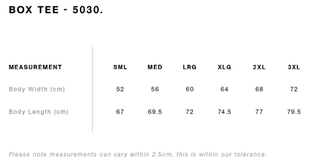 AS Colour Box Tee Sizing