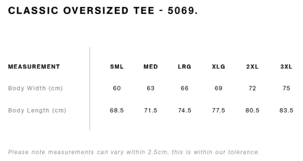 AS Colour Classic Oversized Tee Sizing Chart