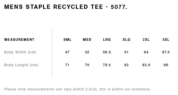 AS Colour Mens Staple Recycled Tee Sizing Chart