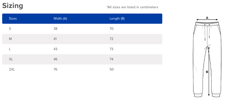 Custom Colors Sweatpant Size chart