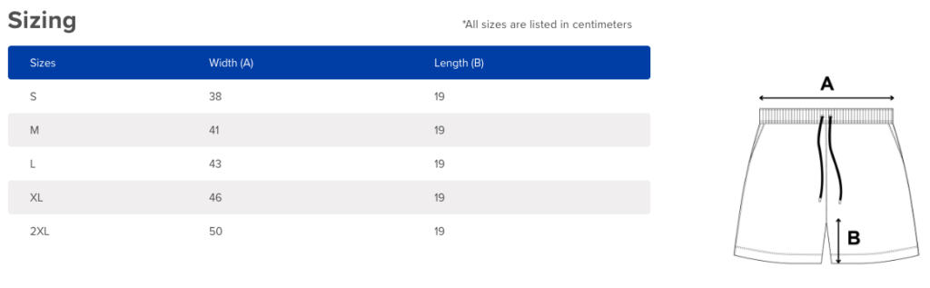 Custom Colors Sweat Shorts Size chart