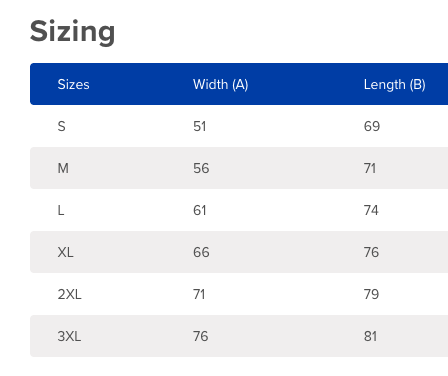 Custom Colors Hoodie Size chart