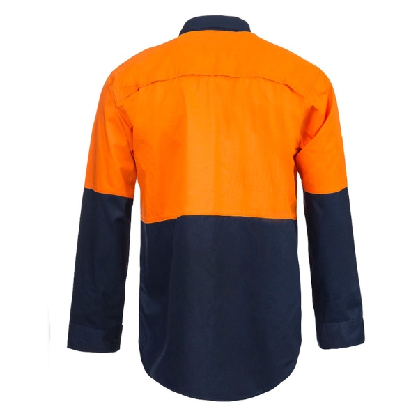Workcraft Lightweight Hi Vis Long Sleeve Vented Cotton Drill Shirt - orange-back Workcraft Lightweight Hi Vis Long Sleeve Vented Cotton Drill Shirt