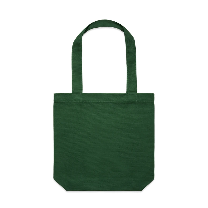 1001_CARRIE_TOTE_FOREST_GREEN__24205 Green canvas tote bag with two handles, plain and empty, front view, on white background.