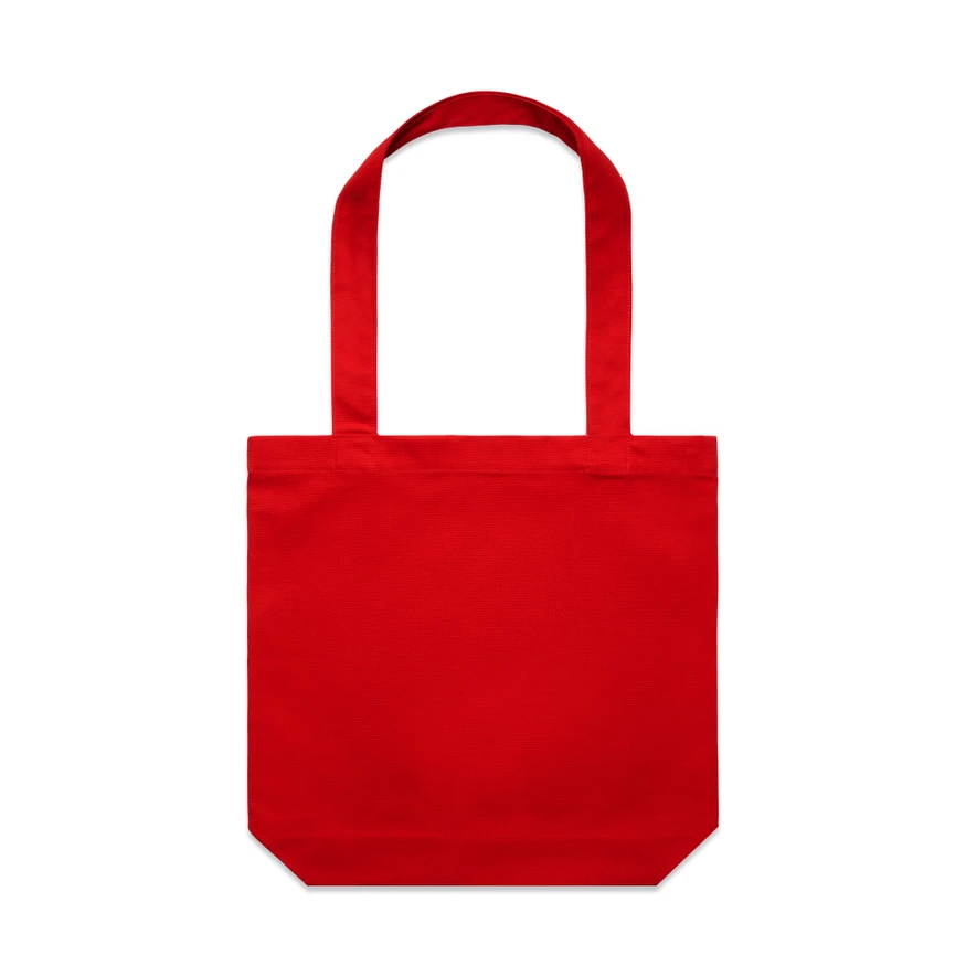 1001_CARRIE_TOTE_RED__48805 Red reusable tote bag with two handles, plain red fabric on a white background