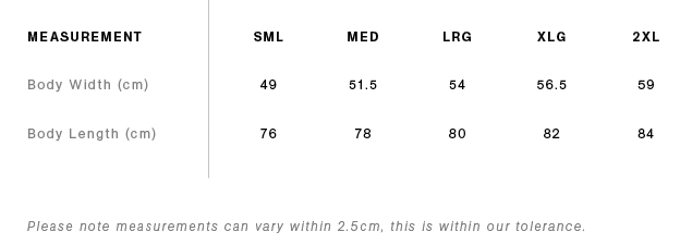 Authentic Singlet 5004 Size Chart
