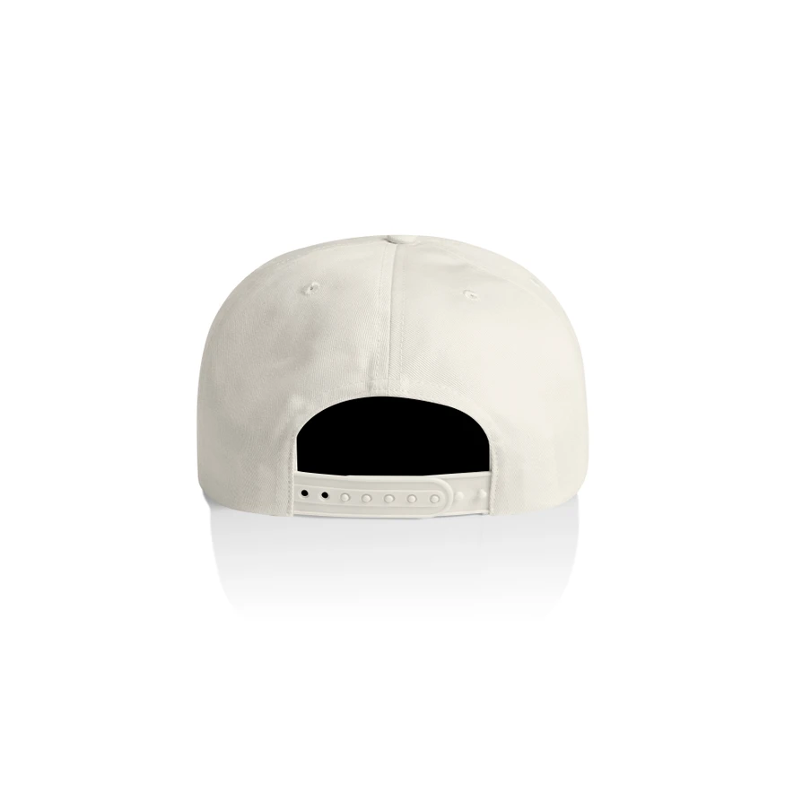1119_SURF_COTTON_CAP_NATURAL_BACK__94323 White baseball cap shown from the back with an adjustable plastic strap and holes.