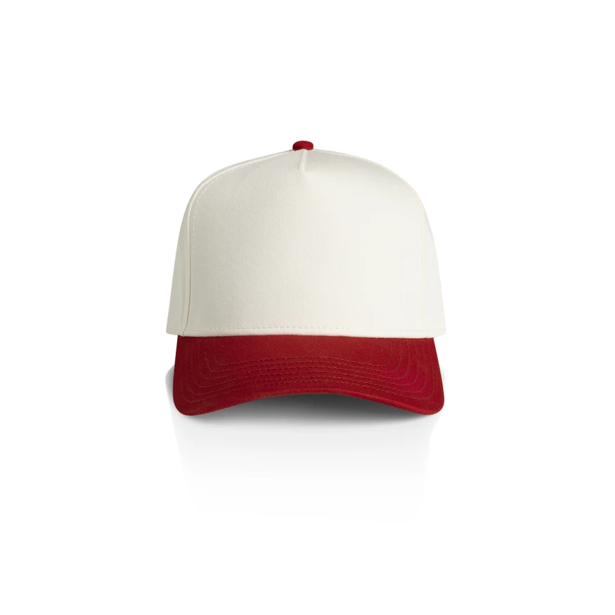 1165_FRAME_TWO-TONE_CAP_NATURAL_CARDINAL__79586 White crown and red brim baseball cap viewed from the front