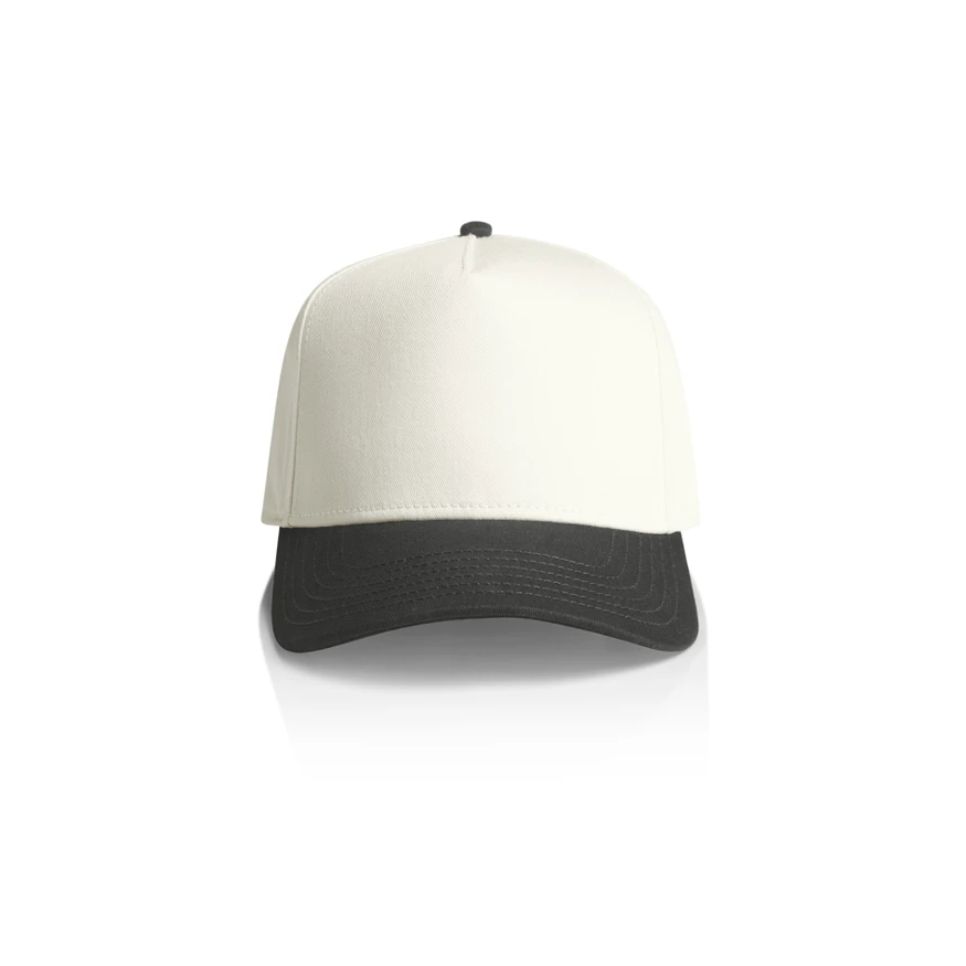 1165_FRAME_TWO-TONE_CAP_NATURAL_COAL__77501 Baseball cap with white crown and black curved brim, shown from the front.