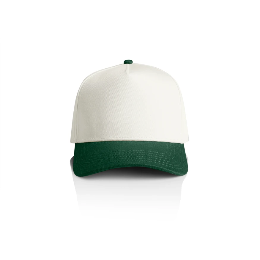 1165_FRAME_TWO-TONE_CAP_NATURAL_FOREST__62896 White baseball cap with a green curved brim on a white background.