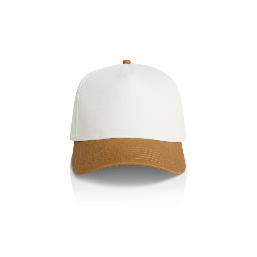 1165_TWO-TONE_FRAME_CAP_NATURAL_CAMEL__72035 White baseball cap with a tan-brown curved brim and a small brown top button, photographed on a white background.
