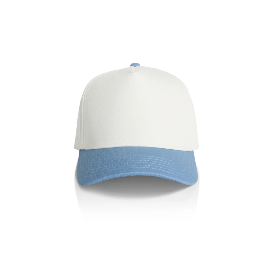 1165_TWO-TONE_FRAME_CAP_NATURAL_CAROLINA__71672 White baseball cap with a light blue curved bill, shown from the front on a white background.
