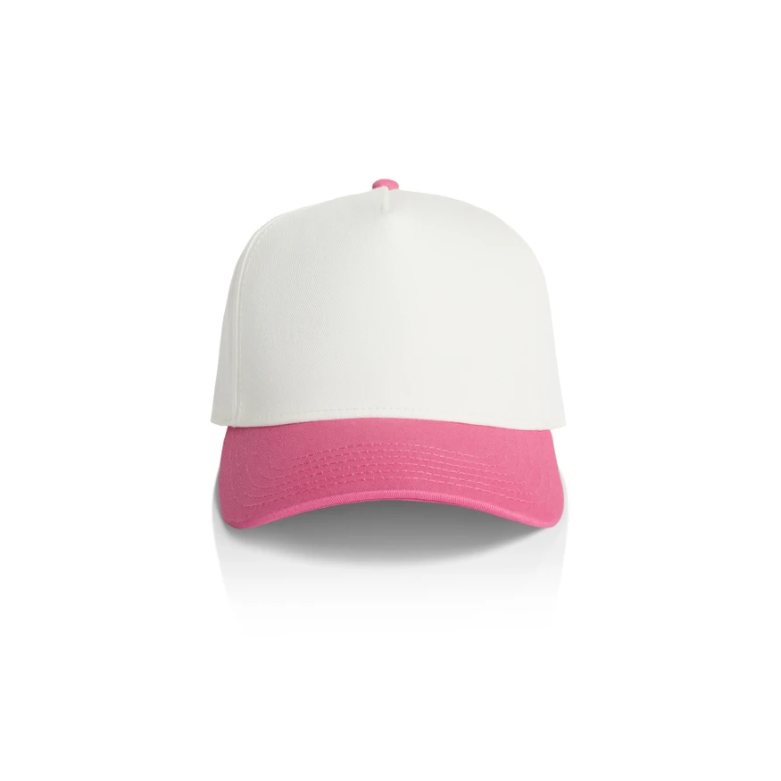 1165_TWO-TONE_FRAME_CAP_NATURAL_CHARITY__64229 White baseball cap with a bright pink brim and pink top button, shown from the front.