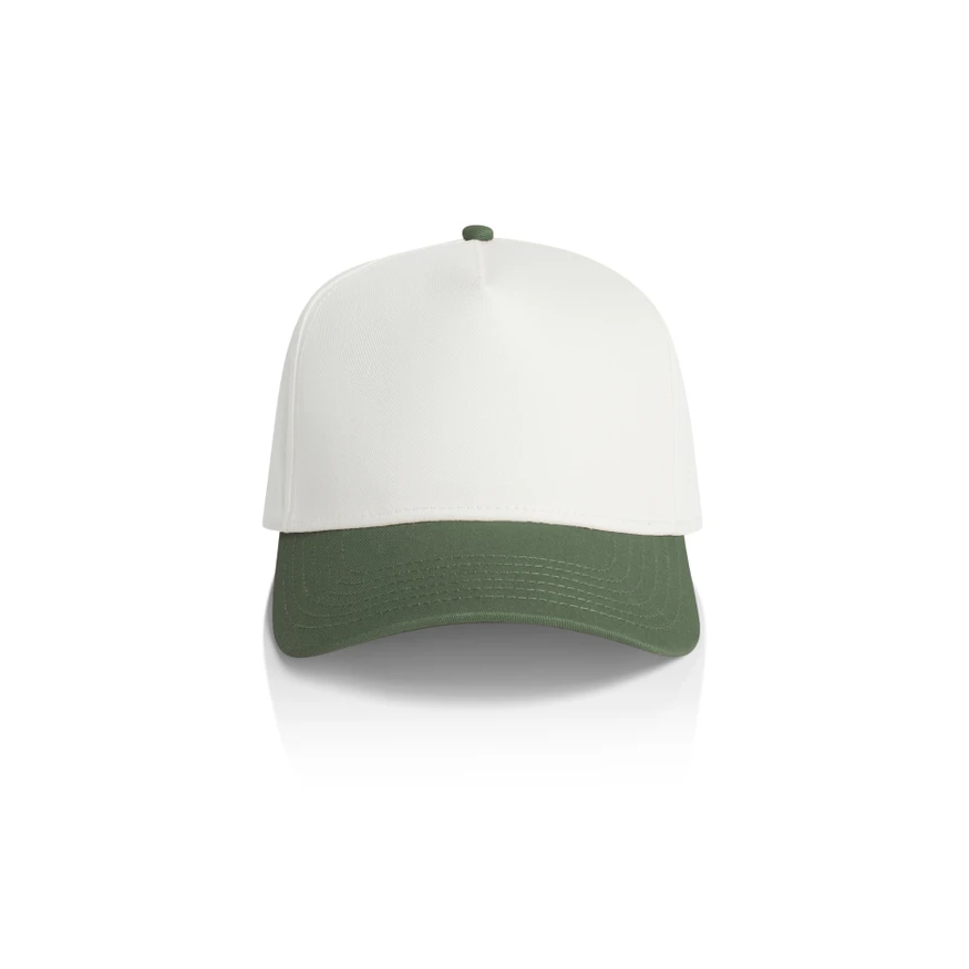 1165_TWO-TONE_FRAME_CAP_NATURAL_CYPRESS__37622 White crown with olive-green bill baseball cap on white background (front view)