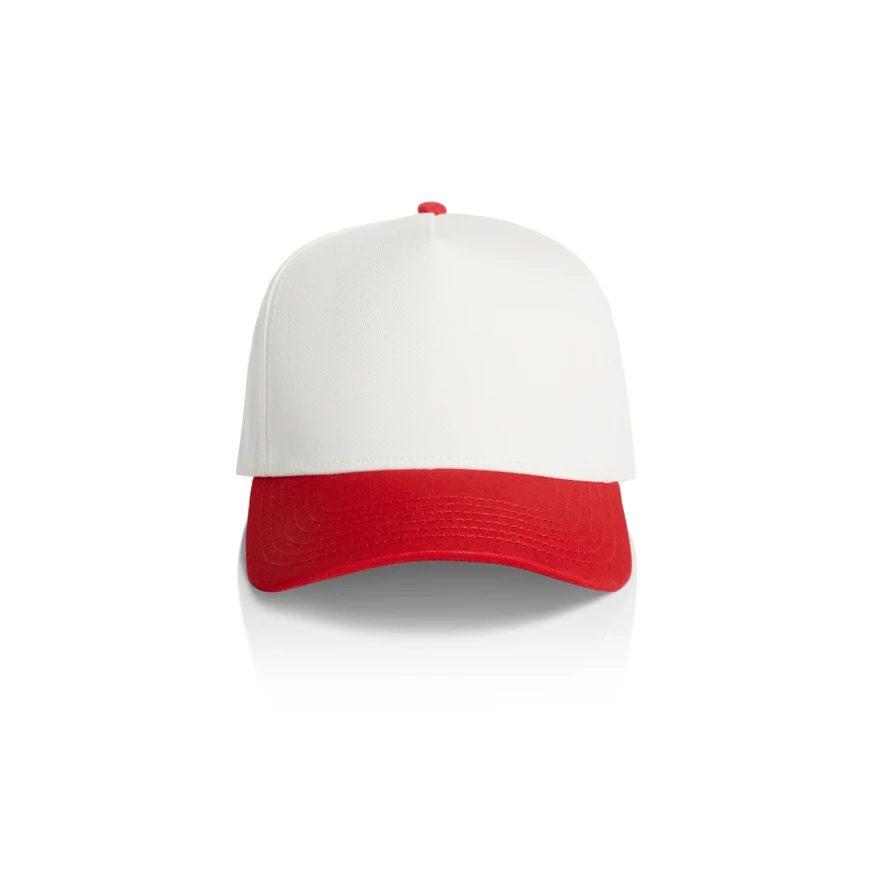 1165_TWO-TONE_FRAME_CAP_NATURAL_RED__96308 White baseball cap with a red curved brim, shown from the front against a white background.
