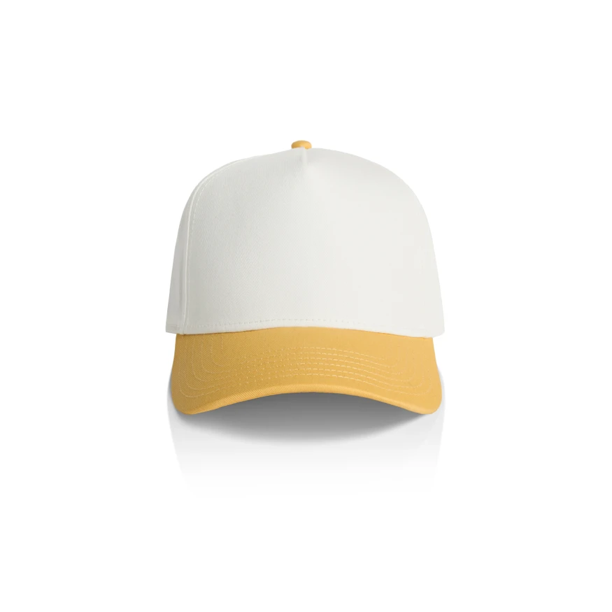 1165_TWO-TONE_FRAME_CAP_NATURAL_SUNSET__34039 White baseball cap with a yellow curved brim, facing forward.