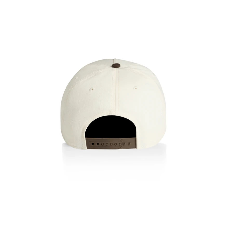 1165_TWO-TONE_FRAME_CAP_NATURAL_WALNUT_BACK__50837 Rear view of a white baseball cap with a brown plastic adjustable strap on the back edge.