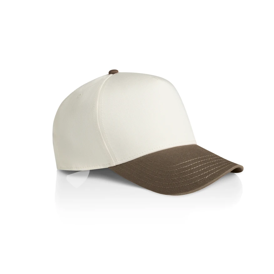 1165_TWO-TONE_FRAME_CAP_NATURAL_WALNUT_SIDE__06079 Two-tone baseball cap with a white crown and brown curved brim, facing left on a white background