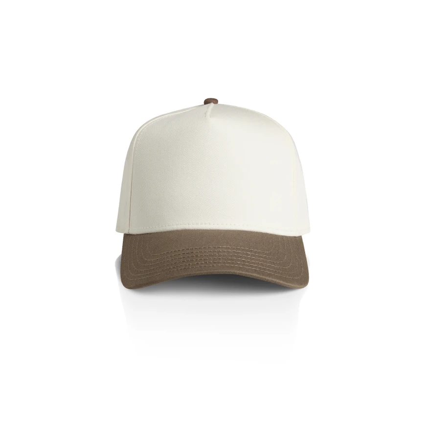 1165_TWO-TONE_FRAME_CAP_NATURAL_WALNUT__88138 Cream crown and brown curved brim baseball cap on a white background. (Informative image)
