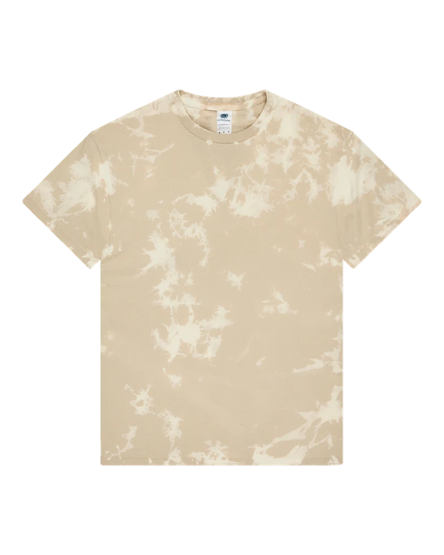 Beige tie-dye crew-neck T-shirt laid flat with white splatter pattern.