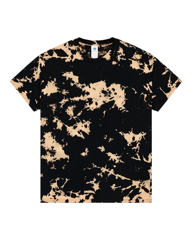 Black short-sleeve crew-neck T-shirt with beige bleach-style tie-dye pattern on front.