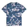 Blue tie-dye T-shirt with pink and white splatter pattern, front view, crew neck.