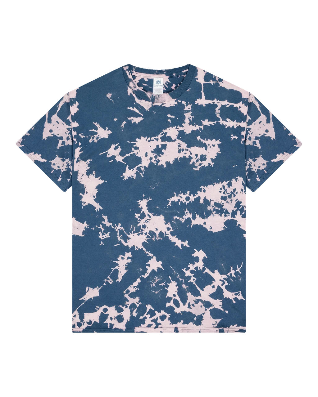 Blue tie-dye T-shirt with pink and white splatter pattern, front view, crew neck.