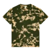 Green tie-dye crew-neck T-shirt with beige splatter pattern, short sleeves, flat lay view.