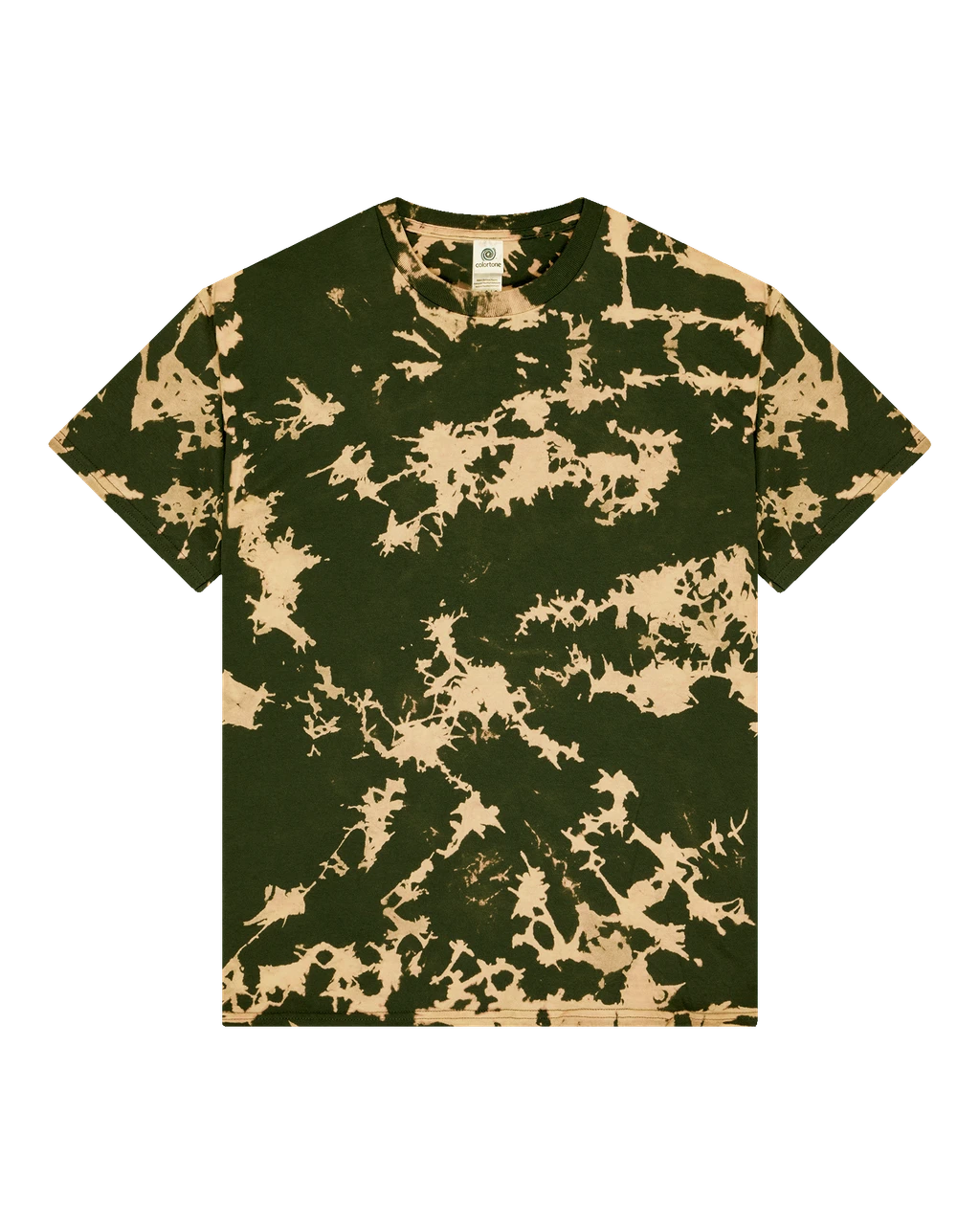 Green tie-dye crew-neck T-shirt with beige splatter pattern, short sleeves, flat lay view.
