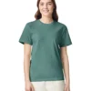 Woman wearing a teal short-sleeve crew-neck T-shirt and light pants, smiling against a white background.