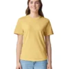 Front view of a woman wearing a yellow short-sleeve T-shirt and light blue jeans against a white background.