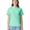 Woman with long brown hair wearing a mint green T-shirt and light blue jeans, smiling at camera on a white background.
