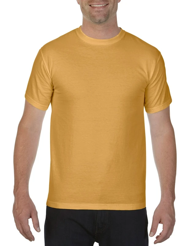 Front view of a man wearing a mustard yellow crew-neck T-shirt, short sleeves, plain design.