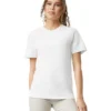 Woman wearing a plain white T-shirt and light beige pants, standing against a white backdrop in a studio setting.