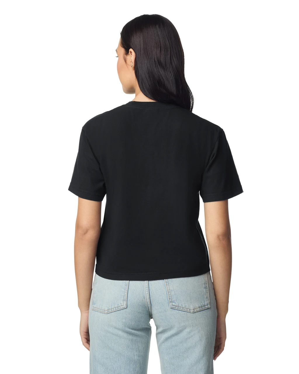 3023CL_426C_01R_C2026_SD_B_15402__84391 Back view of a person wearing a black short-sleeve T-shirt and light-wash jeans against a white background.