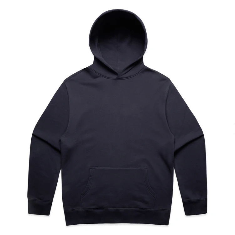 5161_RELAX_HOOD_INK_BLUE__88097 Navy hoodie with a front pocket, laid flat on a white background.