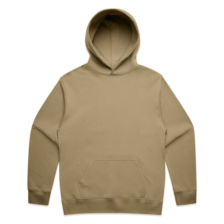 5161_RELAX_HOOD_SAND__14623 Beige hoodie with a front kangaroo pocket and a hood, laid flat against a white background (product shot)