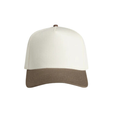 Two-tone baseball cap with a white crown and brown curved brim.