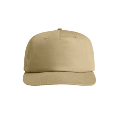 Beige baseball cap facing forward with curved brim and stitched crown panels
