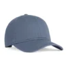 CCWC0-bluejean Blue baseball cap with a curved brim viewed from the side/front, plain design and stitched panels.