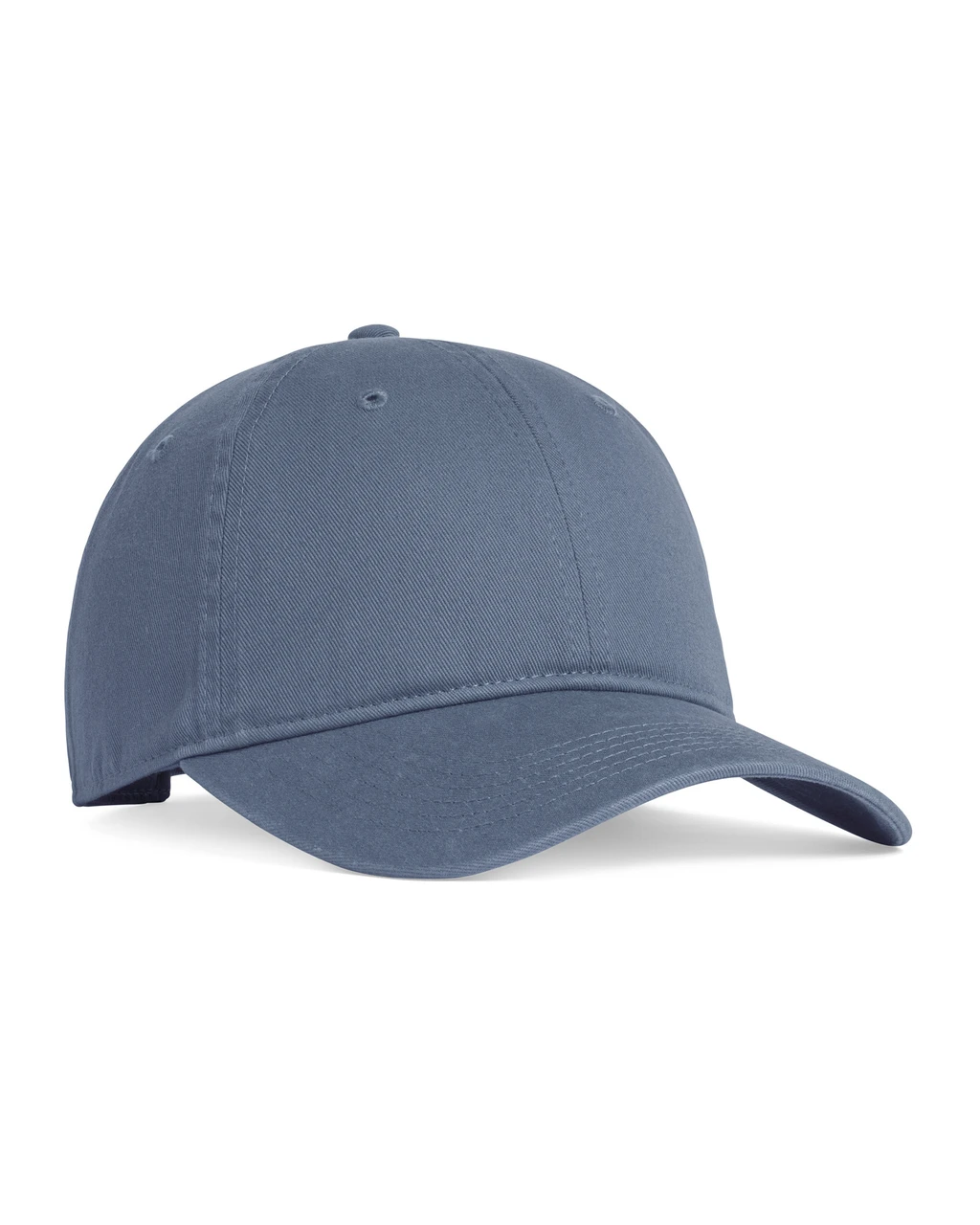 CCWC0-bluejean Blue baseball cap with a curved brim viewed from the side/front, plain design and stitched panels.