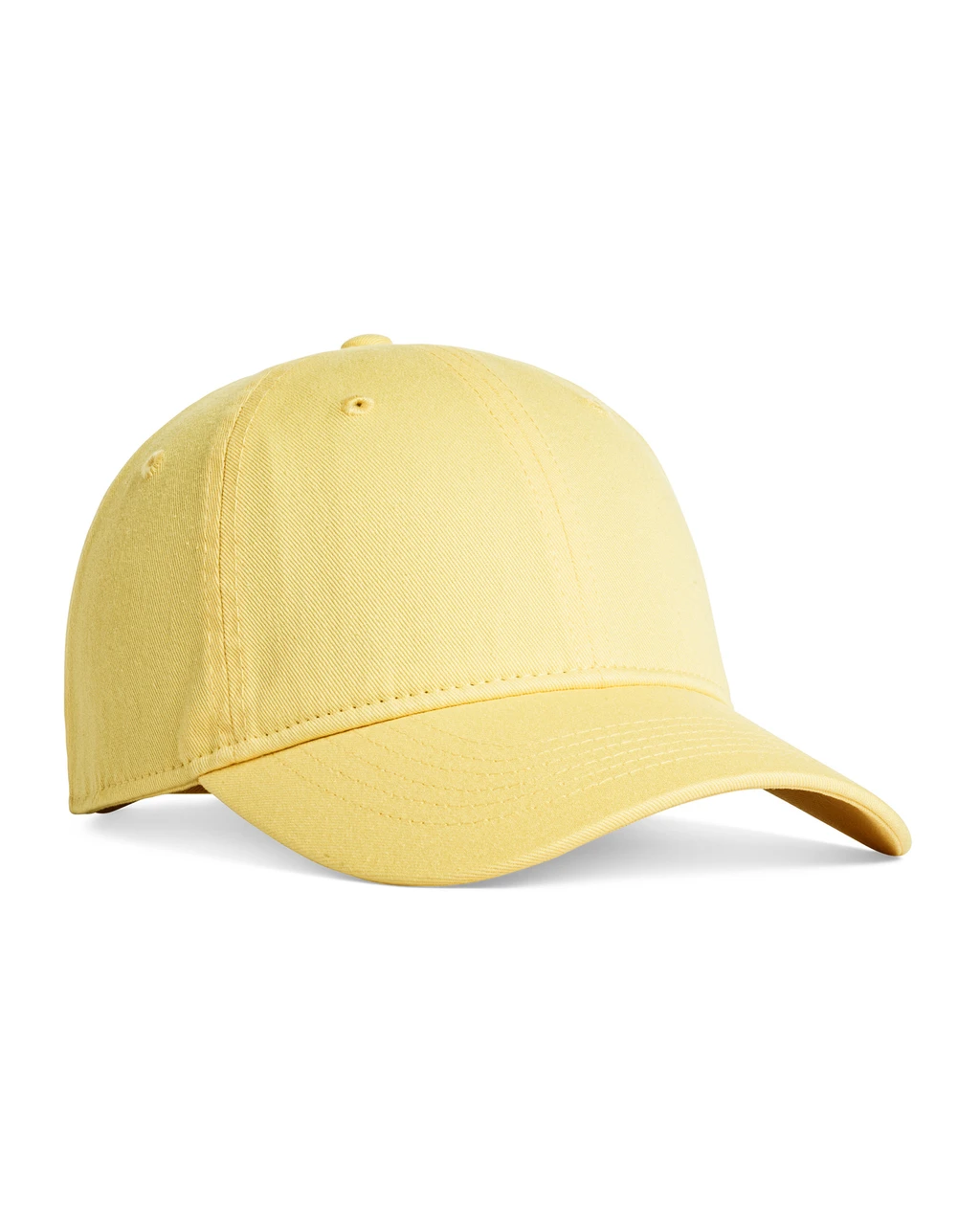 CCWC0-butter Yellow baseball cap on a white background, side view showing curved brim and six-panel design with eyelets.
