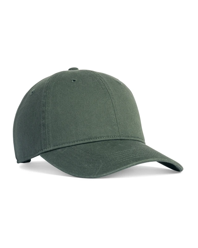 CCWC0-moss Olive green baseball cap shown from the side with a curved brim and stitched panels/eyelets at the crown